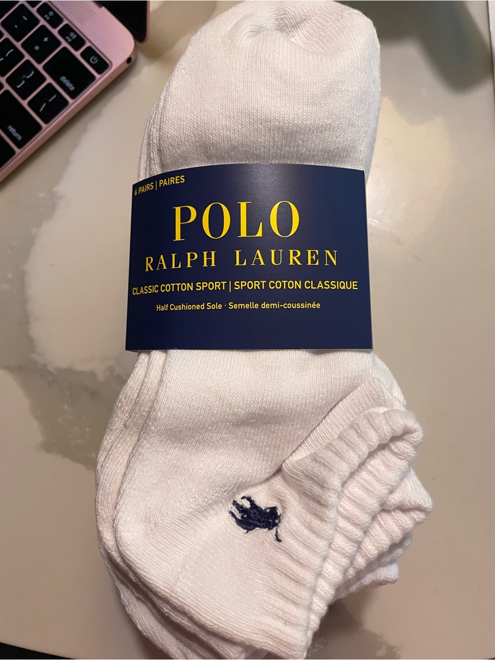 Polo by Ralph Lauren White Low-Cut Cotton Men’s Sport Navy Pony Socks - 6 Pairs